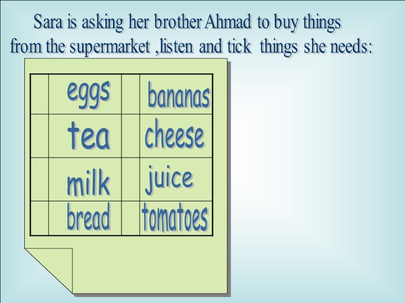 tea cheese milk bread bananas juice eggs tomatoes Sara is asking her brother Ahmad
